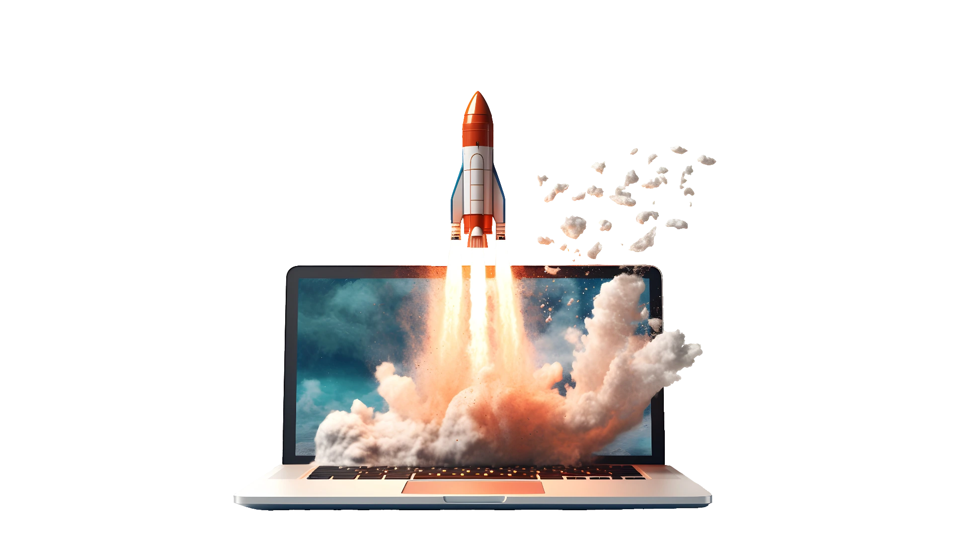 Rakete fliegt aus Laptop