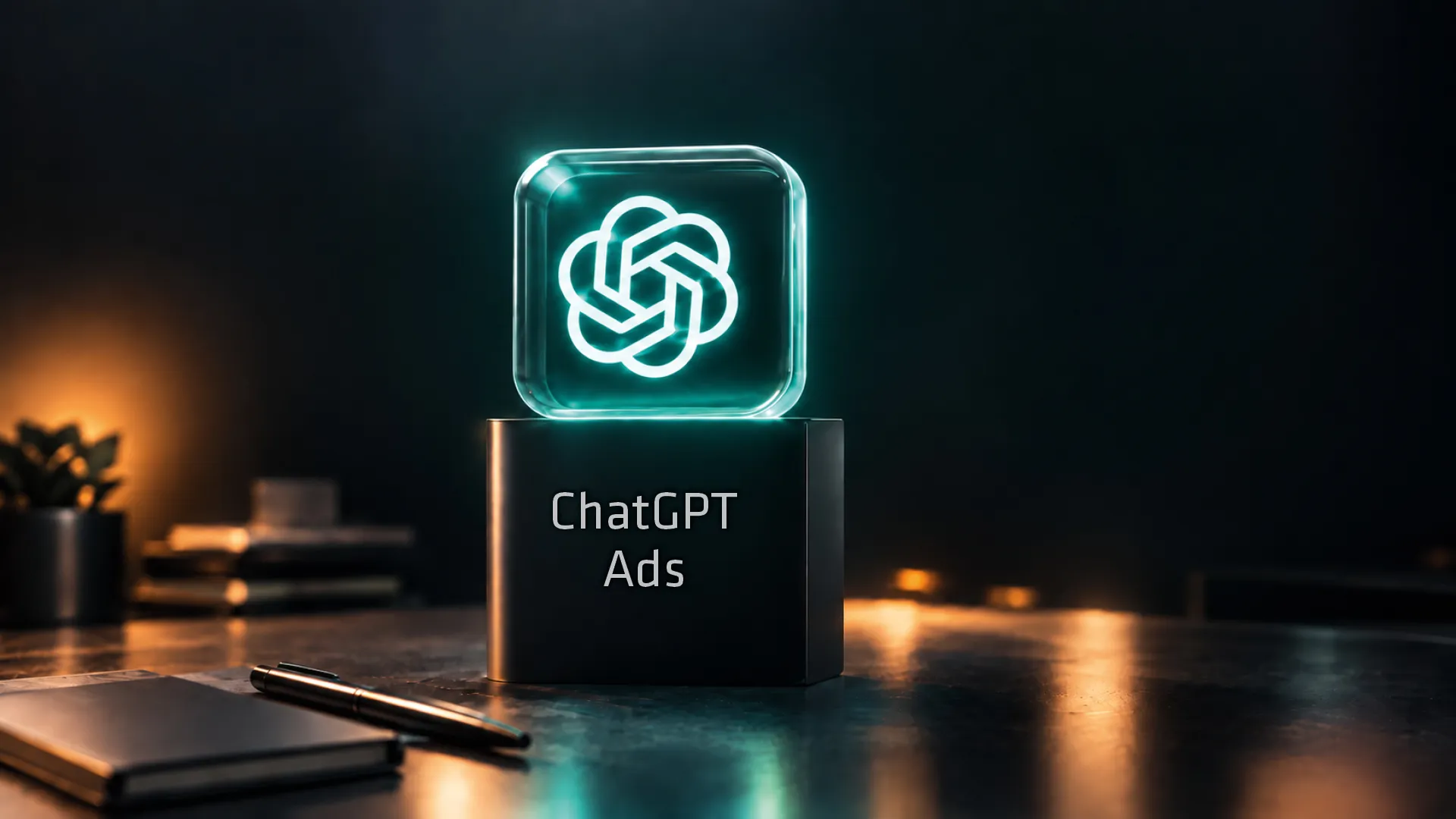 Werbeanzeigen bei ChatGPT: Dunkler Hintergrund mit OpenAI-Logo, leichte Farbakzente in teal und orange